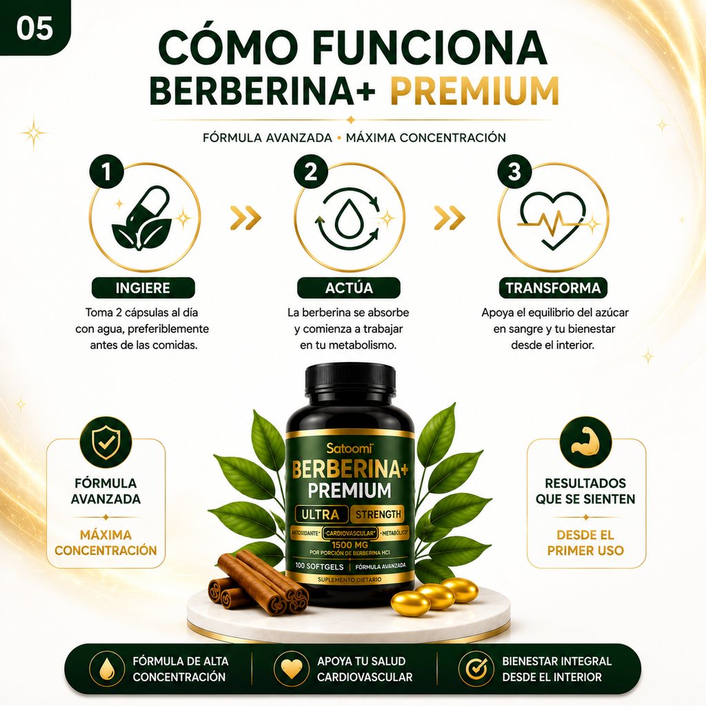 Berberine+ Premium 1.500mg - Control de Azúcar y Pérdida de Grasa Natural | Frasco Original